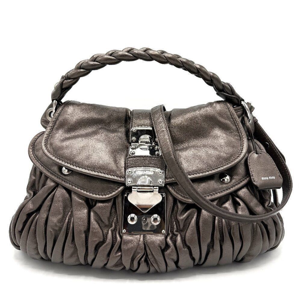 Miu Miu Metallic Silver Braided Handle Flap Hobo